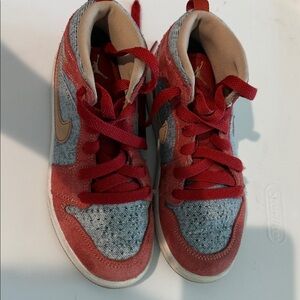 Nike Kids Red and Gray Denim High-Top Sneakers with Tan Swoosh US 13C